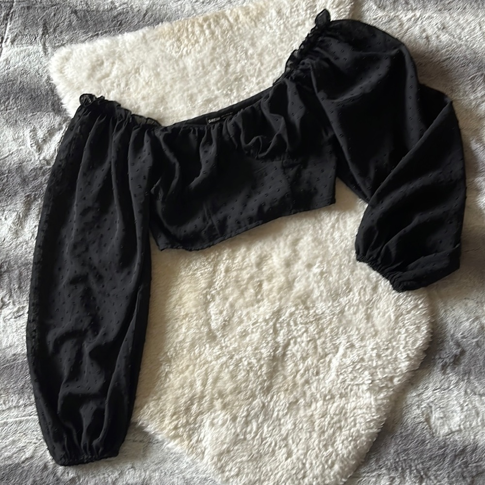 SHEIN Textured Black Crop Top with Sheer Poofy Long Sleeves